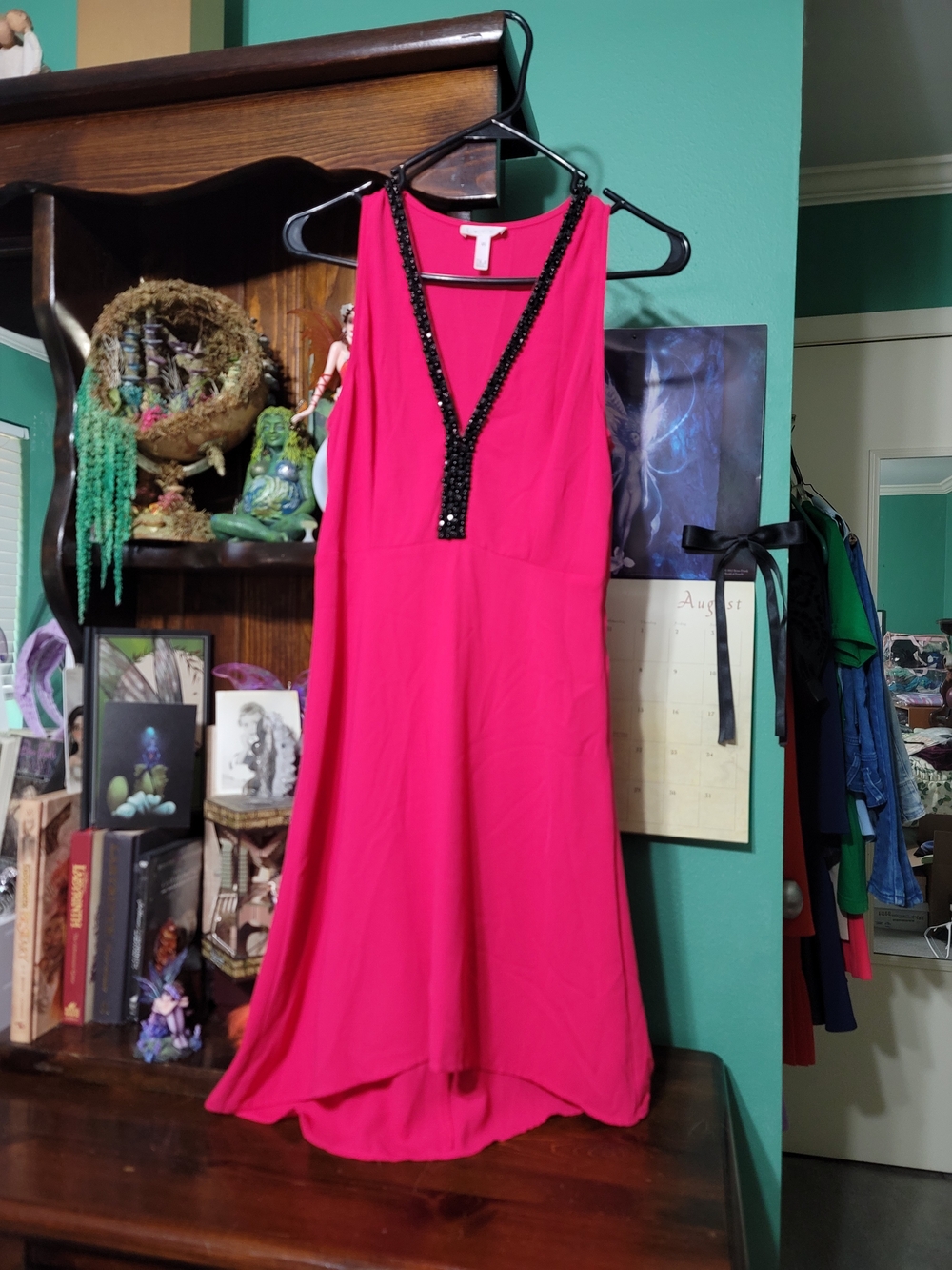 Leith Hot Pink Beaded V-Neck High-Low Dress